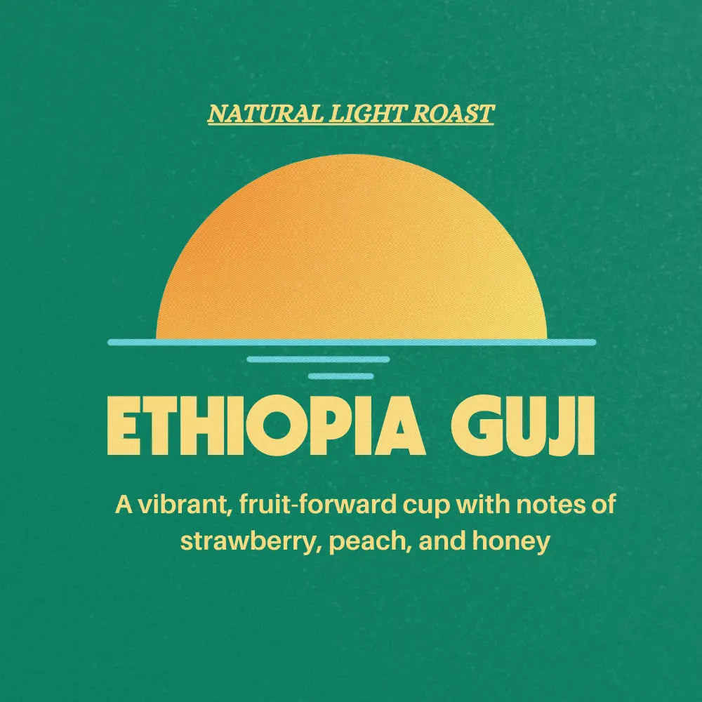 Advertisement for Ethiopia Guji coffee with a green background and yellow text.