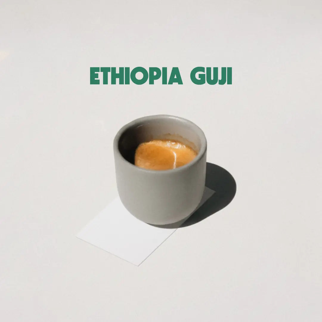 Gray mug with coffee and 'ETHIOPIA GUJI' text on a light gray background